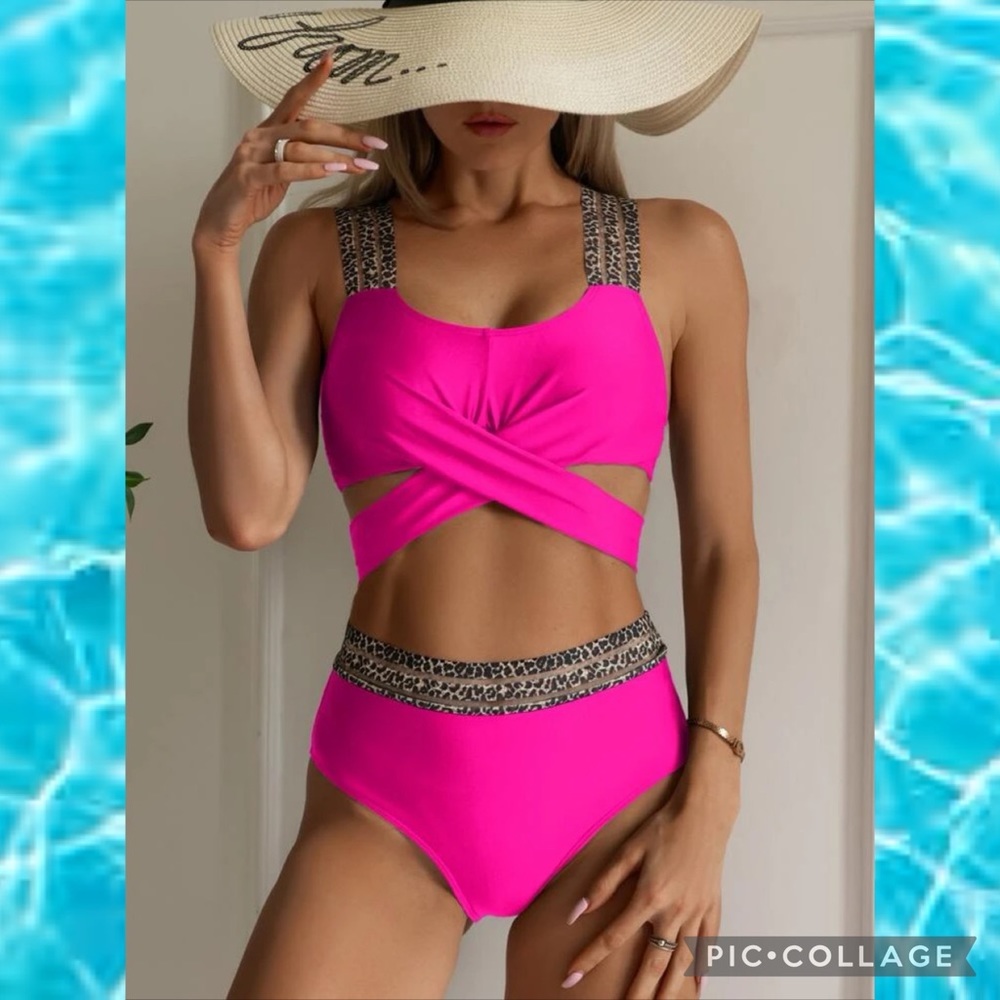 Barbiecore Hot Pink Leopard Trim Cross Wrap Top High Waist Bikini Size Large - Picture 1 of 5